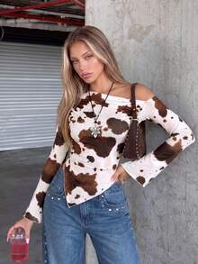 SHEIN ICON 女款 Y2K 西部性感牛仔風節慶服飾 90年代度假嬉皮風 斜肩長袖印花 T-shirt 極簡時尚 白色 秋季 - 彩色 - 查看 5