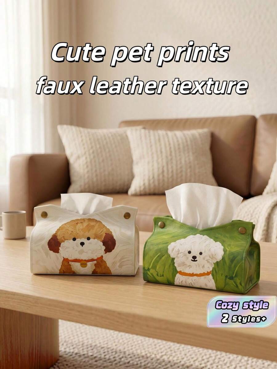 1PC Minimalist Teddy Puppy Tissue Cover Metal Snap Button Tabletop Tissue Holder Home Decor High Aesthetic Napkin Storage Box - Multicolor - View 1