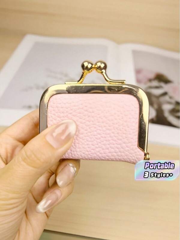 Women'S Mini Snap Coin Purse, PU Litchi Pattern Wallet, Cute Solid Color Small Bag, Multifunctional Storage Pouch For Earphones Jewelry Lipstick, Portable Coin Card Holder, Handbag Organizer Insert