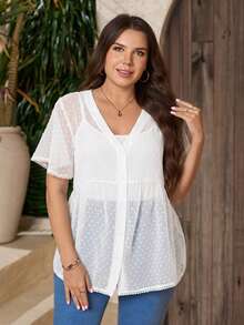 SHEIN LUNE 大尺碼女款純色休閒百搭日常穿著襯衫 - 白色 - 查看 4