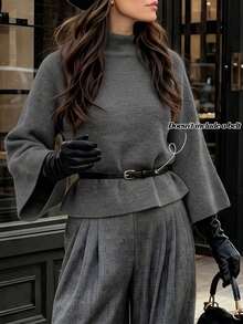 Balvessa Delicate Comfortable High Neck Raglan 3/4 Wide Flared Sleeve Fashion Elegant Commuter Style Versatile Women's Knit Top - Grey - View 1