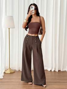 SHEIN PETITE Women's Elegant Button Pocket Pleated Loose Business Suit Pants - Rust Brown - View 6