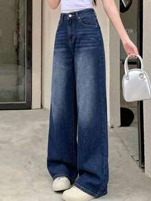 DAZY Women's Fashion Versatile Button Pocket Wide Leg Denim Jeans - Blue - View 1