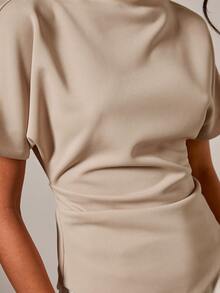 COSMINA Women's Elegant Ruched Round Neck T-Shirt, Suitable For All Seasons Neutral Tops - Khaki - View 5