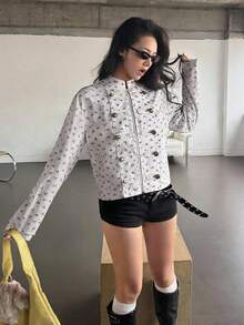 K-Vae 女款雙排扣碎花運動外套，短版韓系溫柔休閒拉鍊運動衫 - 彩色 - 查看 6
