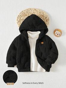 Cozy Pixies Young Boy Decorative Woven Label Hooded Long Sleeve Plaid Thermal Jacket, Thick Thermal Lined, Double-Sided Thermal, Suitable For Indoor, Outdoor Casual, Skiing, Back To School, Daily, Sports, Play, Party, Valentine's Day, Multiple Occasions - Black - View 3