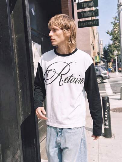 STEELVANCE Men's Comfortable Plain Fabric Crew Neck Colorblock Long Sleeve T-Shirt, Large Letter Print, Hot-Selling Long Sleeve T-Shirt, Men's Casual Vacation, Simple Office, Simple Business, Daily Date, Casual Home, Fashion Party, Gathering, Suitable For Self-Wear Or Gift To Friends. Spring/Summer Hot-Selling Yamamoto Long Sleeve T-Shirt