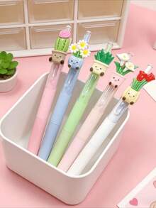 6 Sets Of Creative Plant-Themed Retractable Ballpoint Pens, 0.5mm Flower Quick-Drying Pens, Stylish And Simple Neutral Pens, With Smooth Writing; Suitable For Diaries&Paintings; The Best Choice For Writing&Office Work; Suitable For Students, Schools - Creative Flower Press Pen - View 2