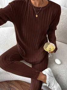 SHEIN Frenchy Drop Shoulder Ribbed Knit Tee & Leggings Textured Fabric Two Pieces - Coffee Brown - View 4