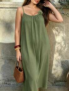 Cévolie Textured Fabric Loose Casual Spaghetti Strap 3D Floral Decor Plus Size Women's Dress - Green - View 3