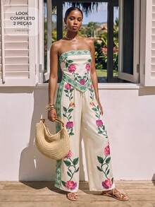 CAJUNI Women's Floral Embroidered Asymmetrical Hem Bandeau Top And Loose Long Pants Set - Multicolor - View 9