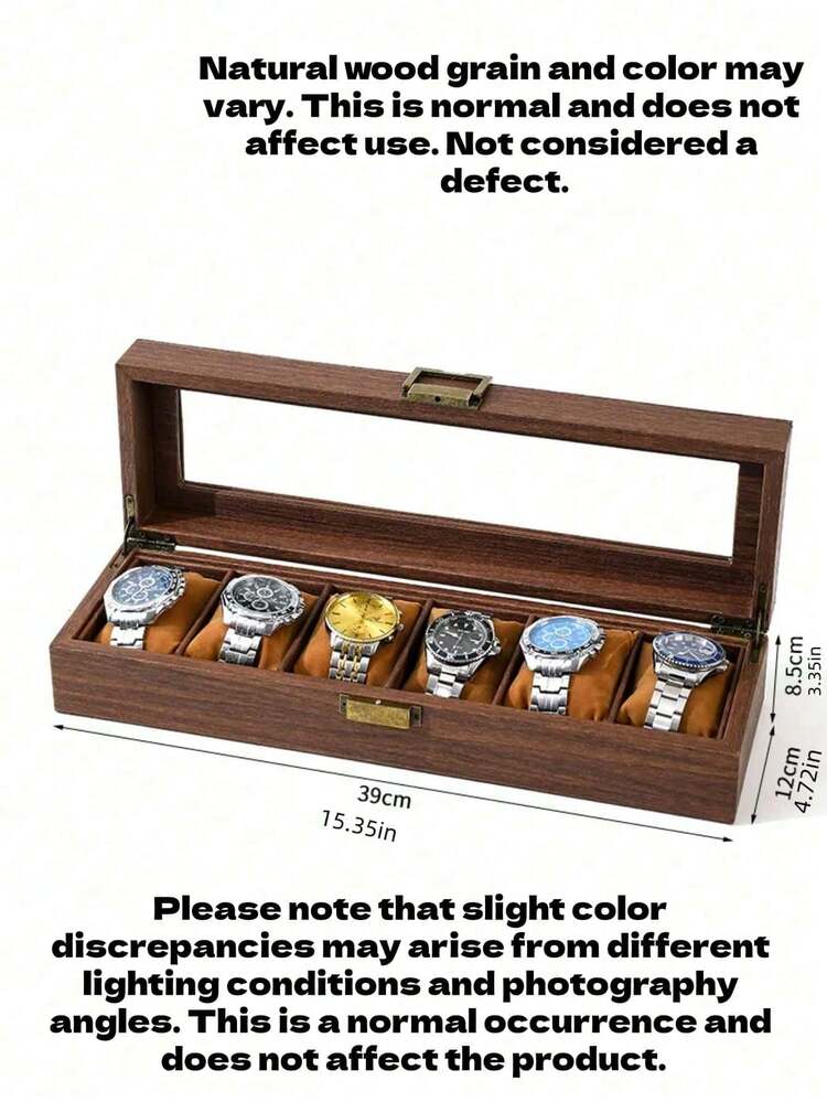 1PC Wood Grain Leather Watch Storage Box With Glass Top Display Case Organizer For Wristwatch And Bracelet Collection Jewelry Box Home Office Desk Gift - Coffee Brown - View 8