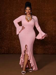 Maweii Plus Size Long Sleeve Fishtail Sweet Minimalist Sexy Ruffle Hem Dress - Pink - View 3