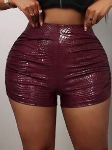 SHEIN SXY Women's Faux Crocodile Texture Pleated Fashion Shorts - Burgundy - View 3