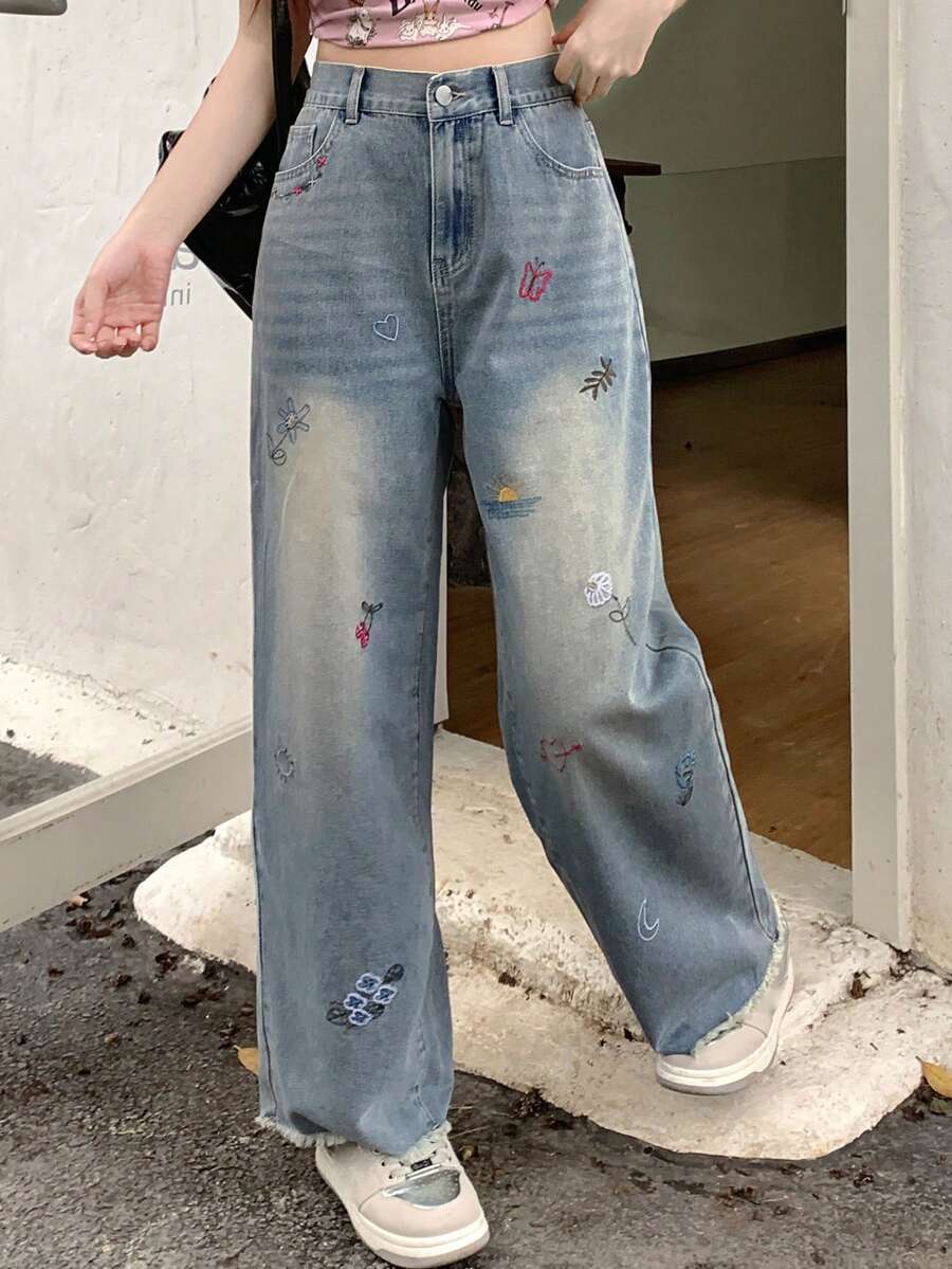 DAZY Ladies' Cherry Printed Loose Fit Straight Leg Denim Jeans With Raw Hem Pockets,Back To School Clothes - Light Wash - View 1
