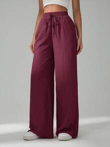 SHEIN Tall 女款休閒百搭純色直筒長褲 - 酒紅色 - 查看 7