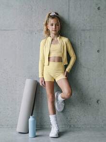 SHEIN 青少年女孩長袖立領前開拉鍊T恤背心單車緊身褲3件式運動套裝 - 黃色 - 查看 2
