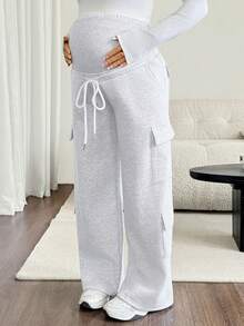 SHEIN Maternity Casual Versatile Adjustable Waistband Cargo Sweatpants With Pockets - Light Grey - View 6