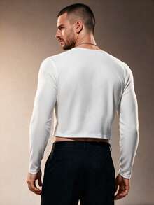 ZURIURI 370 Men's Slim Fit Crop Top Wanrun Double Striped Bamboo Linen - RS 12 Off-White Vacation Club Autumn Casual - White - View 2