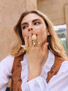 Nocturel 1/4pcs Vintage Fashion Exaggerated Metallic Geometric Wavy Crinkle Faux Pearl Rings, Unique Sweet Punk - Yellow Gold - View 3