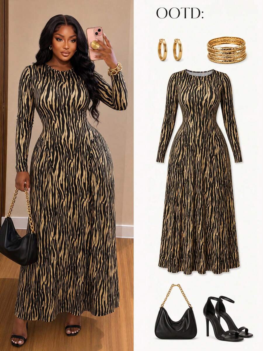 Poshavie Poshavie Plus Size Women's Classic Leopard Print Dress, Fashionable Ruched Patchwork Design, Elastic Fabric With Inclusive Fit, Waist-Flattering, Black Autumn - Multicolor - View 1