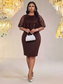 SHEIN Lady Plus Size Elegant Party Sequin Patchwork Dress - Brown - View 3