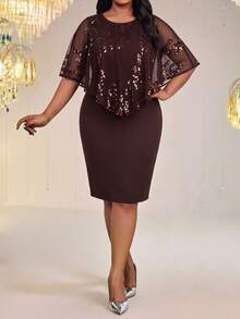 SHEIN Lady Plus Size Elegant Party Sequin Patchwork Dress - Brown - View 6