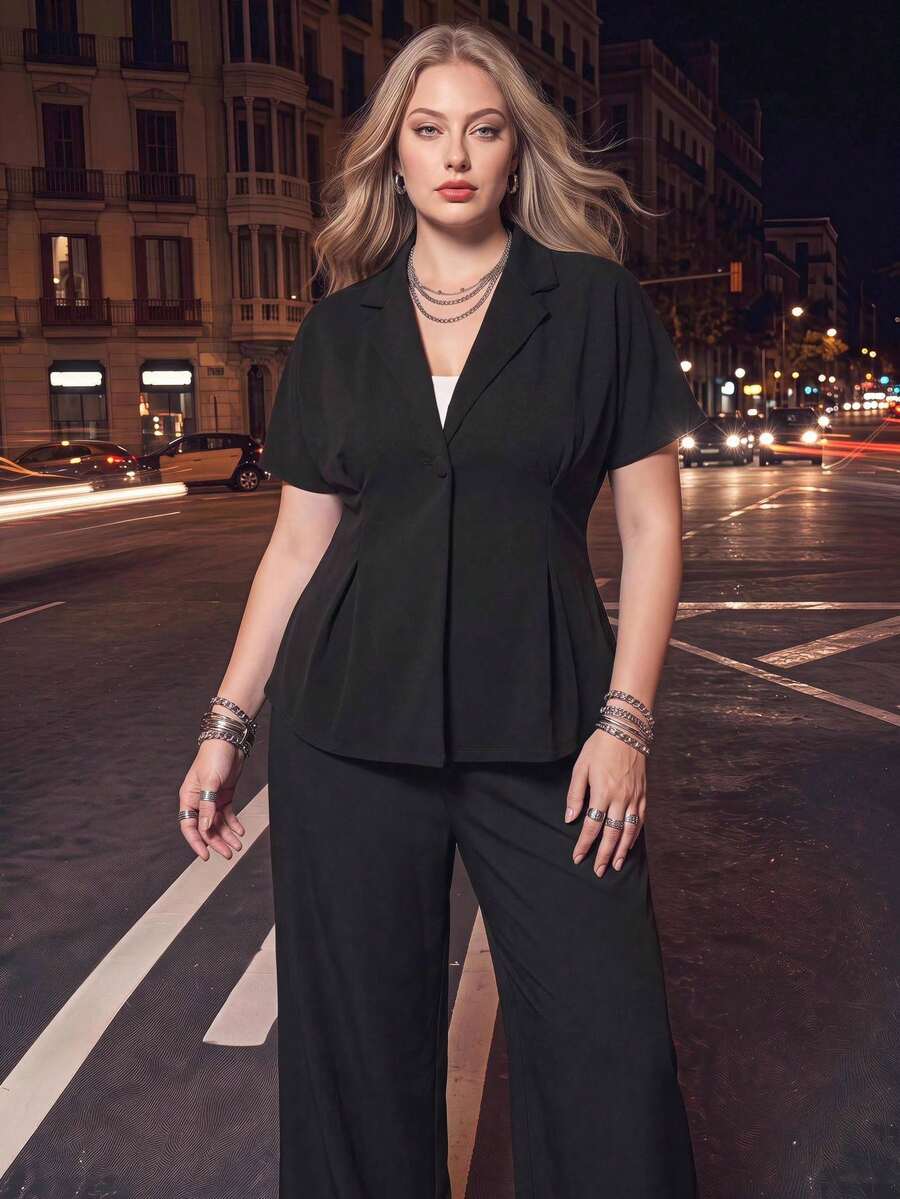 Maija Plus Size Elegant Commuter Solid Color Waist-Cinching Blazer - Black - View 1