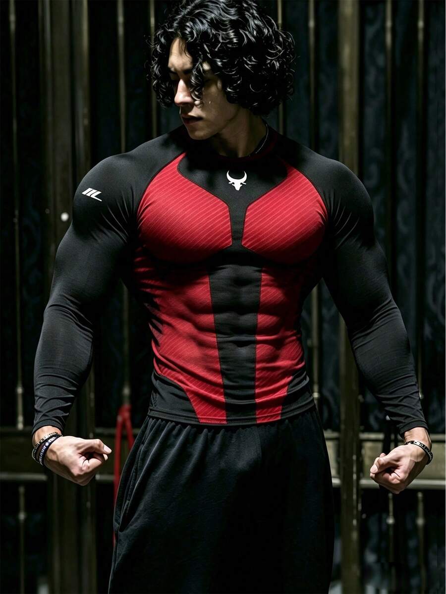 GymBeat 男士牛頭印花插肩袖長袖運動T恤 - 黑色 - 查看 1
