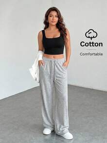 SHEIN PETITE CURVE 大尺碼純色極簡抽繩腰口袋休閒長褲 - 淺灰色 - 查看 4
