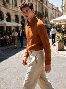 TONEVAULT Men's Solid Color Casual Versatile Daily Wear Shirt - Brown - View 3