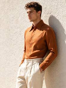 TONEVAULT Men's Solid Color Casual Versatile Daily Wear Shirt - Brown - View 6