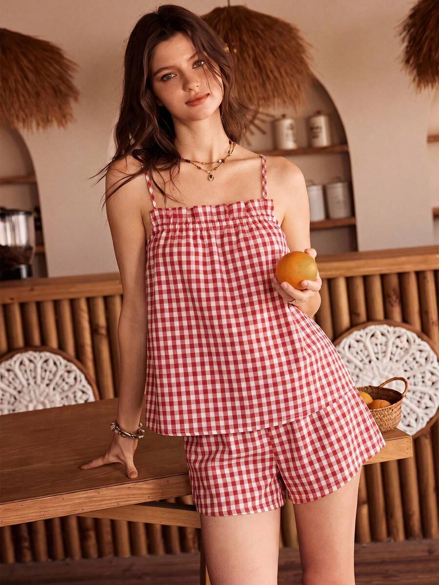 Lullawish 女款波希米亞度假風休閒格紋荷葉邊細肩帶舒適梭織家居服套裝 - 酒紅色 - 查看 1
