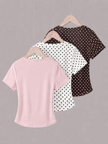 Tween Girls Simple Casual Waist Ruched 3 PiecesSet T-Shirt With Cartoon Pattern, Suitable For Summer - Multicolor - View 3