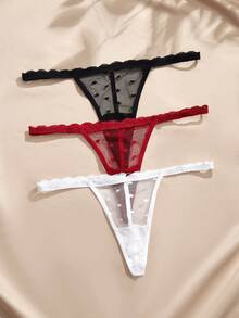 Charlaine 法式性感愛心網紗 3 件套 細肩帶 T-Back 丁字褲 G-String - 彩色 - 查看 1