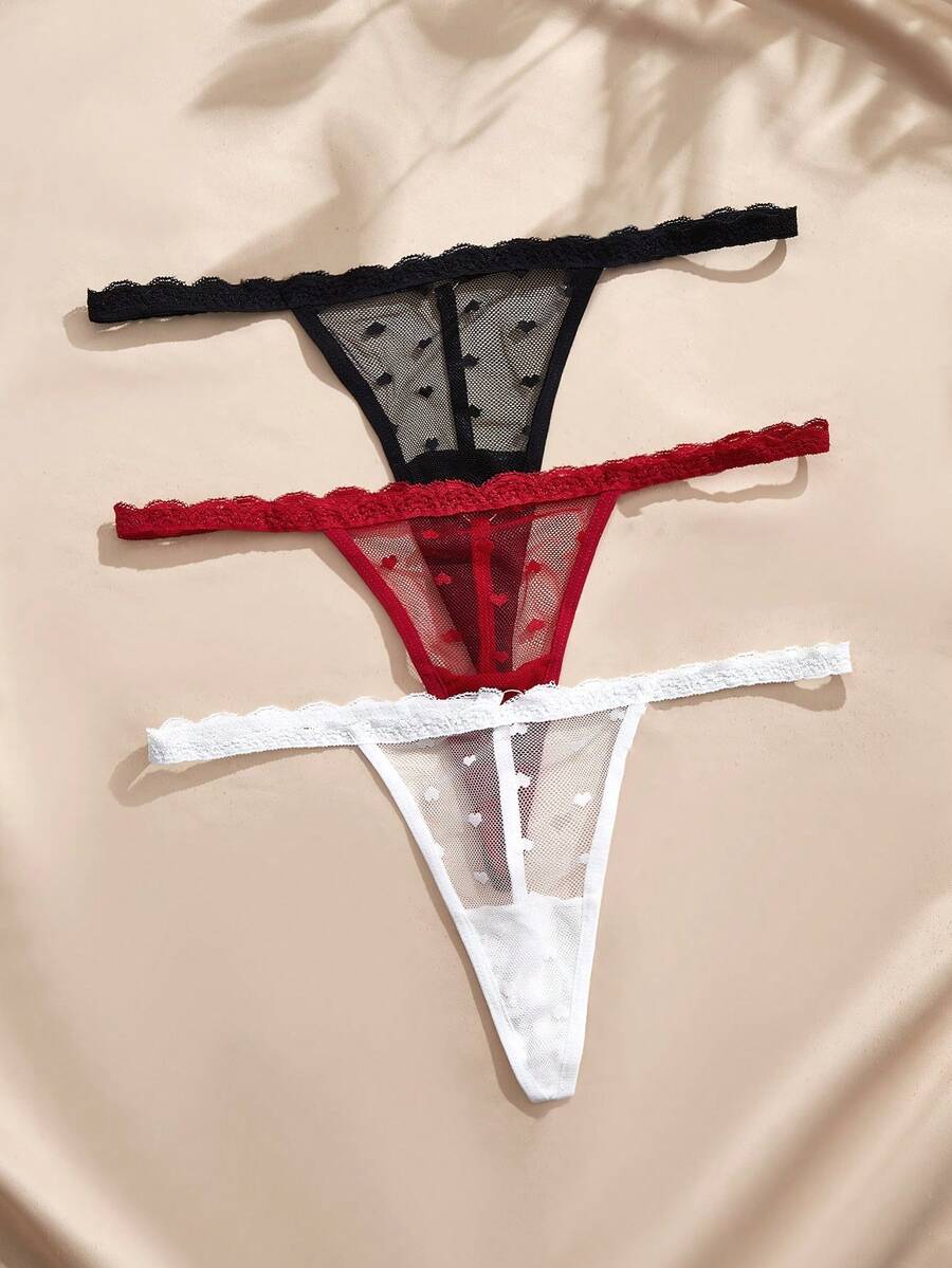 Charlaine 法式性感愛心網紗 3 件套 細肩帶 T-Back 丁字褲 G-String - 彩色 - 查看 1