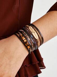 Nocturel 1pc Leather Cuff Bracelet Multilayer Wrap Bracelet Crystal Artificial Feather Bangle With Magnetic Clasp For Women - Brown - View 1