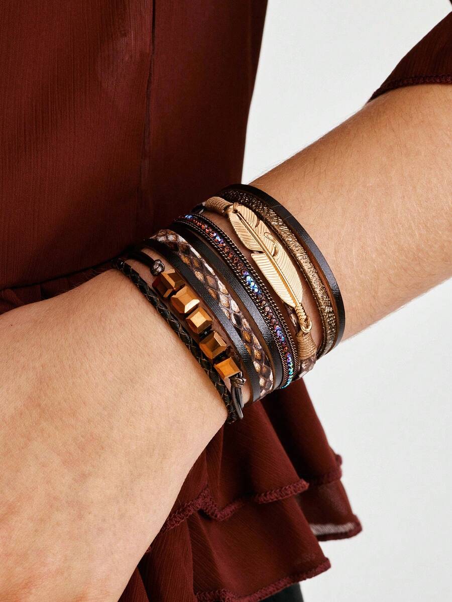 Nocturel 1pc Leather Cuff Bracelet Multilayer Wrap Bracelet Crystal Artificial Feather Bangle With Magnetic Clasp For Women - Brown - View 1