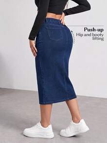 Flexra Women's Casual Washed Slit Slim Fit Denim Skirt Office Navy Blue Autumn - Blue - View 8