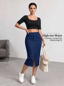 Flexra Women's Casual Washed Slit Slim Fit Denim Skirt Office Navy Blue Autumn - Blue - View 9
