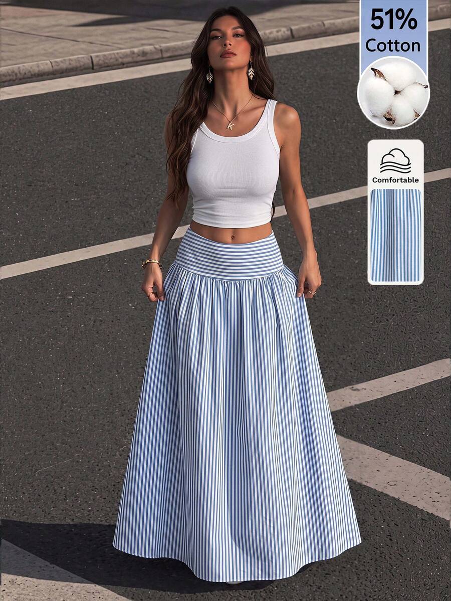 SHEIN Tall Rok Lipit Bergaris Kasual Serbaguna untuk Wanita, Cocok untuk Sehari-hari - Blue and White - View 1