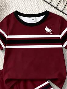 Outfit Casual Minimalist Elegant Horse Logo Contrast Color Striped Print Crew Neck T-Shirt With Matching Contrast Color Striped Print Shorts Suitable - Multicolor - View 3