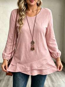 EMERY ROSE Women's Plus Size Solid Color Design Long Sleeve Shirt With Ruffle Hem Patchwork, Casual Versatile For Autumn/Winter, Suitable For Outings And Office Commute - Pink - View 4