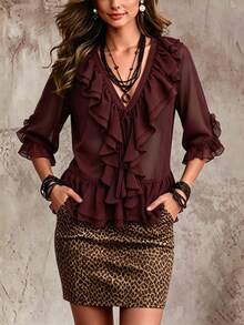 SHEIN Fiorisel Solid Ruffle Trim V-Neck Tie Front Sheer Chiffon Blouse With Flare Sleeves - Burgundy - View 3