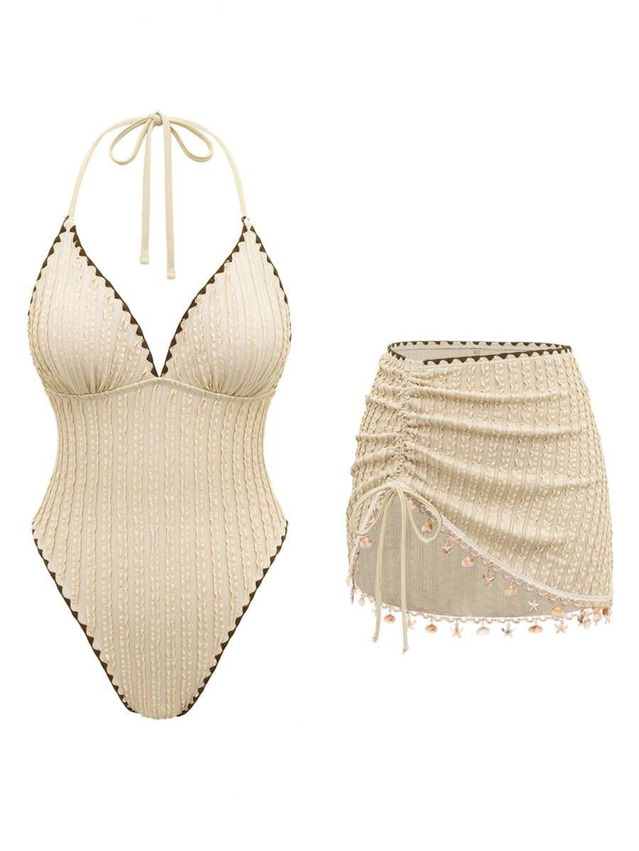 Sirith Women's Solid Color Triangle Bikini Top With Shell Chain Random Design, Spaghetti Straps, One-Piece Swimsuit With Skirt, Side Drawstring, Bottom Shell Chain Random Design, 2-Piece Swimsuit - Apricot - View 1
