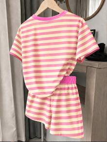 Tween Girl Casual Minimalist Striped Pattern Short Sleeve & Shorts 2 Pieces Set, Suitable For Summer - Multicolor - View 2
