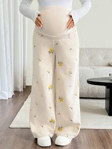 SHEIN Maternity Adjustable Waist Floral Pattern Casual Everyday Long Pants,Autumn - Apricot - View 5