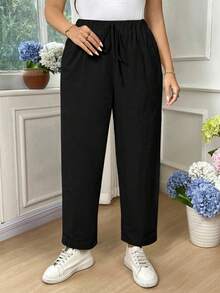EMERY ROSE Plus Size Women's Solid Color Casual Fold-Over Ankle Pants Fall - Black - View 5