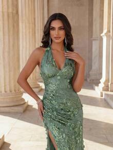 Coutiva Women's Lace Sequin 3D Floral Extra Long Fitted High Slit Evening Gown - Green - View 4