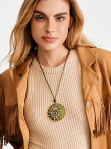 Nocturel 1pc Fashionable & Versatile Spiral Sun Shaped Alloy Pendant Long Necklace, Bohemian Style Beaded Round Disc Choker Necklace - Beads - View 2